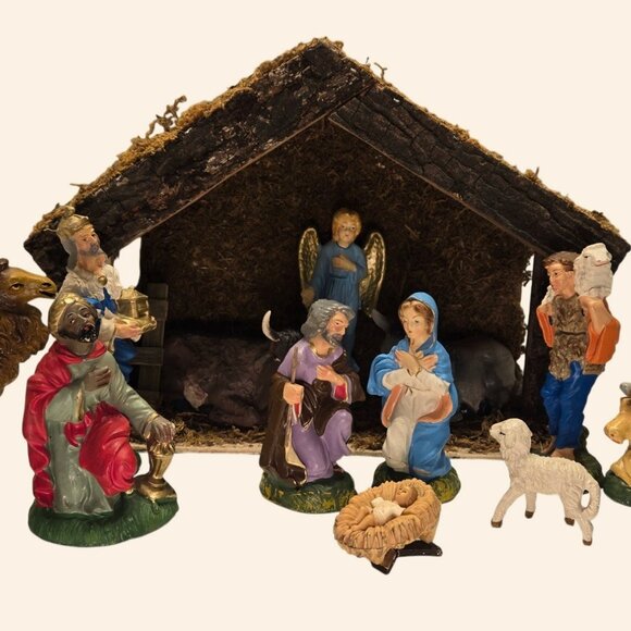 Vintage 15-piece, Nativity scene marked "Italy" (with creche) - Picture 3 of 14